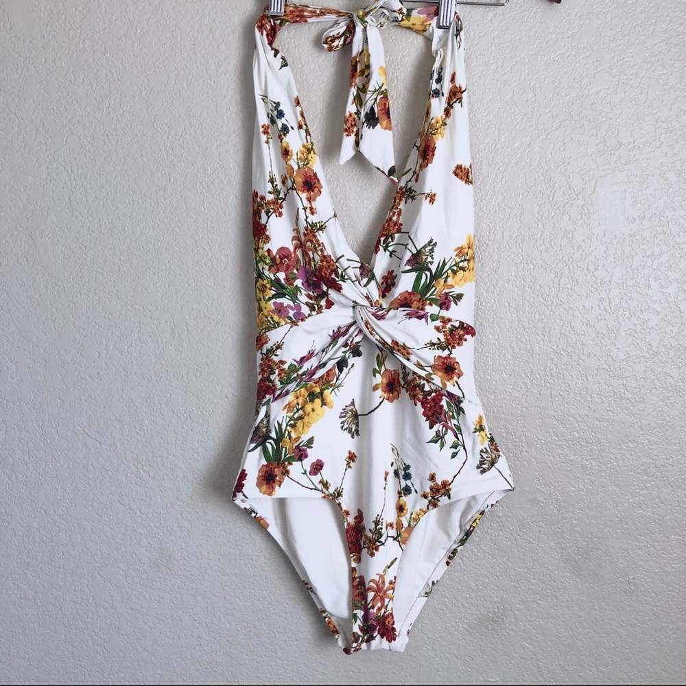 Anthropologie White Floral One-Piece Swimsuit